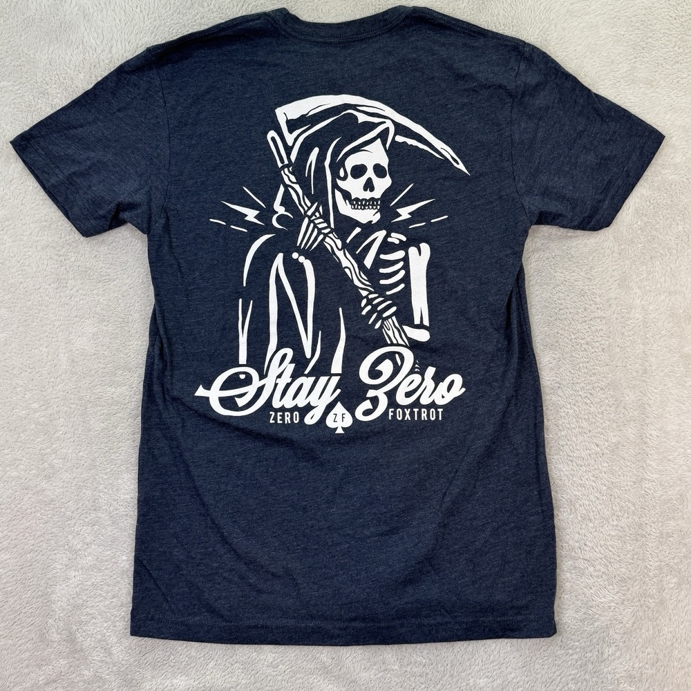 NEW Zero Foxtrot T Shirt Mens Small Navy Skull‎ Skeleton Reaper Stay Zero Wrath